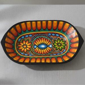 Handcrafted Tigua Ecuador Folk Art Wooden Art Deco Fruit Bowl Tray Platter